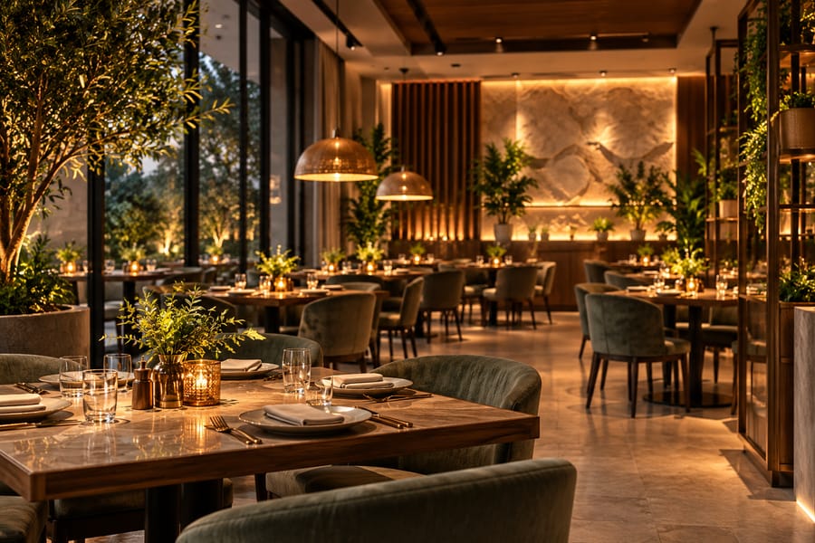 The dining room at Iniya Bhavan, laid tables under pendant lamps with plants along the windows